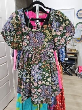 Sister Jane Green Floral Puff-Sleeve Dress with Lavender and Pink Blooms